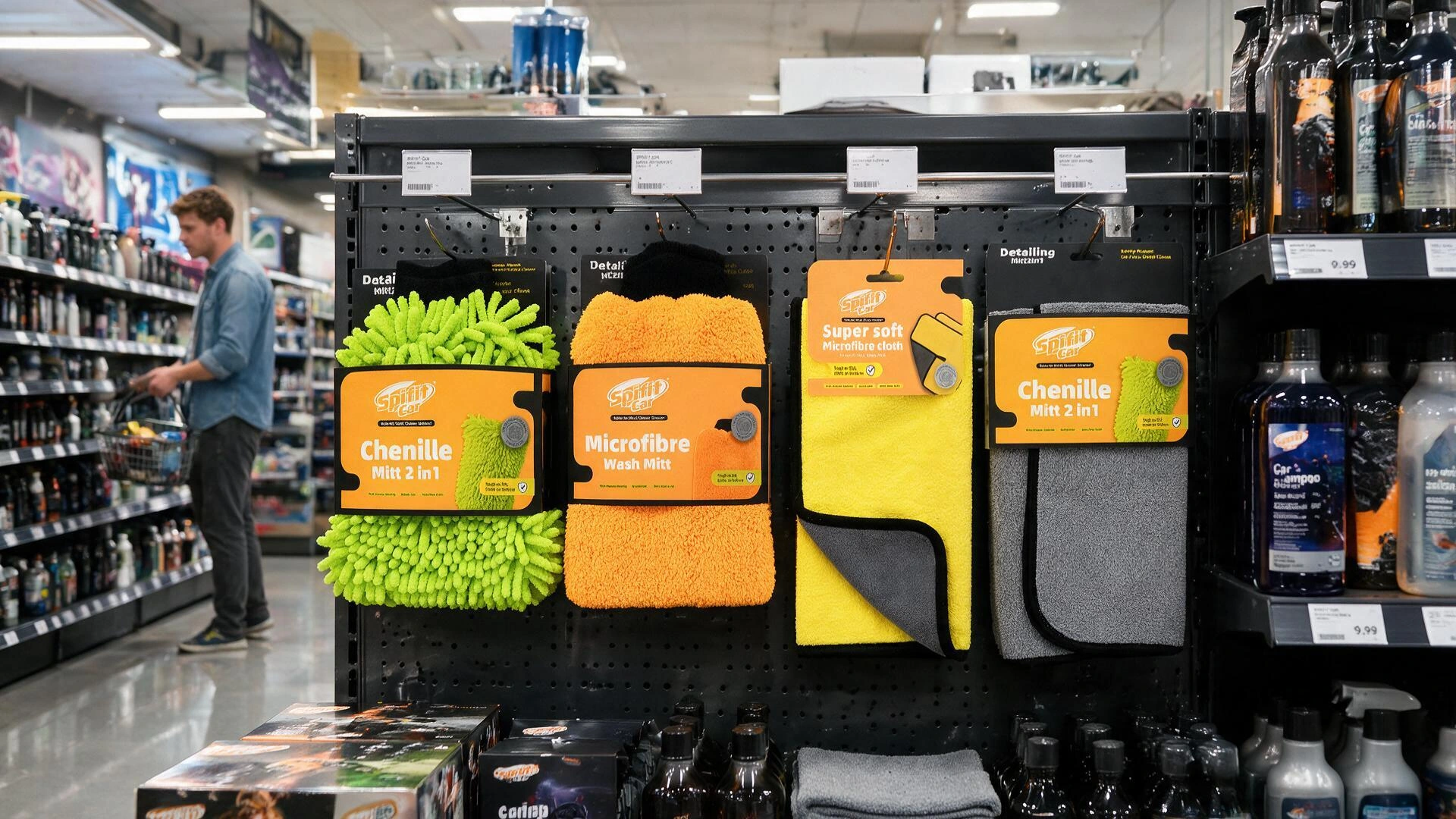 Car wash mitts and microfiber cloths in orange retail packaging on a store display