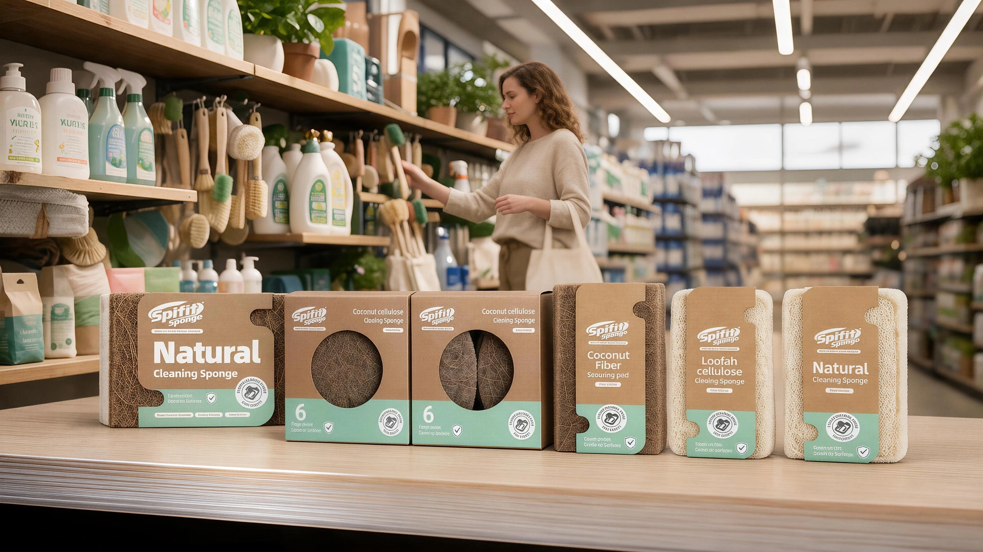 Coconut and loofah cleaning sponges in kraft and green packaging displayed on a wooden counter
